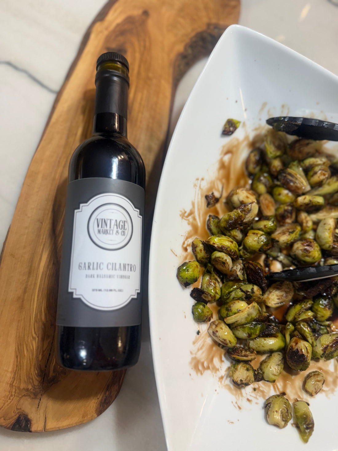 Garlic Cilantro Dark Balsamic Brussel Sprouts