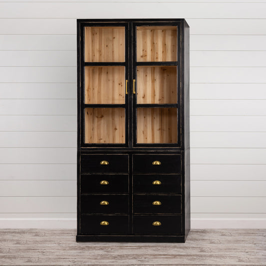 BLACK GLASS DOUBLE DOOR CABINET WITH 8 DRAWERS - Pick up in store