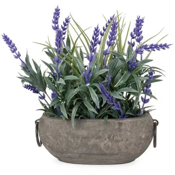 Purple Floral Arrangement In Stone Pot